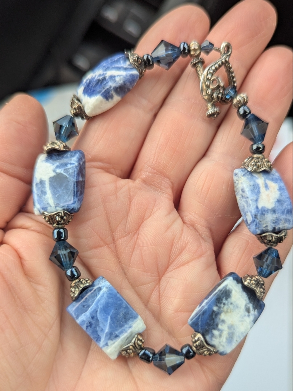 Blue Sodalite Beaded Bracelet with Silver Accents 9"